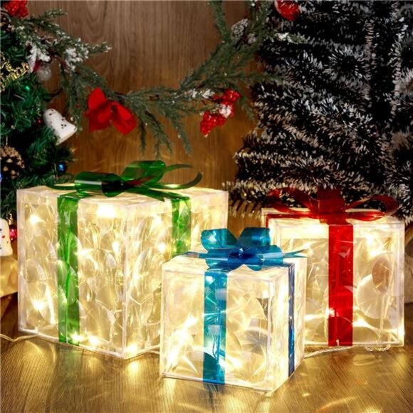 Set of 3 Lighted Gift Boxes Christmas Decorations, 60 LED Transparent - Picture 6 of 7